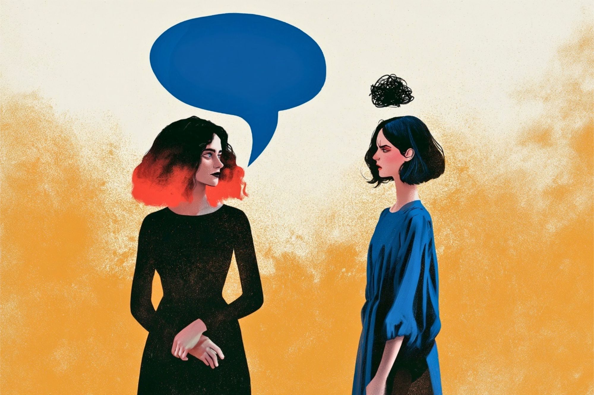 Two women stand facing each other; one has a large blue speech bubble, while the other has a scribbled thought bubble above her head, symbolizing miscommunication or confusion.