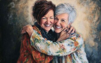 A painting of two women with short, light and dark hair, smiling joyfully and hugging each other closely, both wearing colorful, textured sweaters against a dark, blurred background.