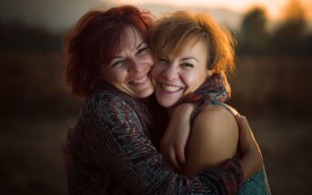 Two women with short, reddish hair smile joyfully as they hug each other outdoors during sunset, both wearing patterned sweaters, with a blurred natural landscape in the background.
