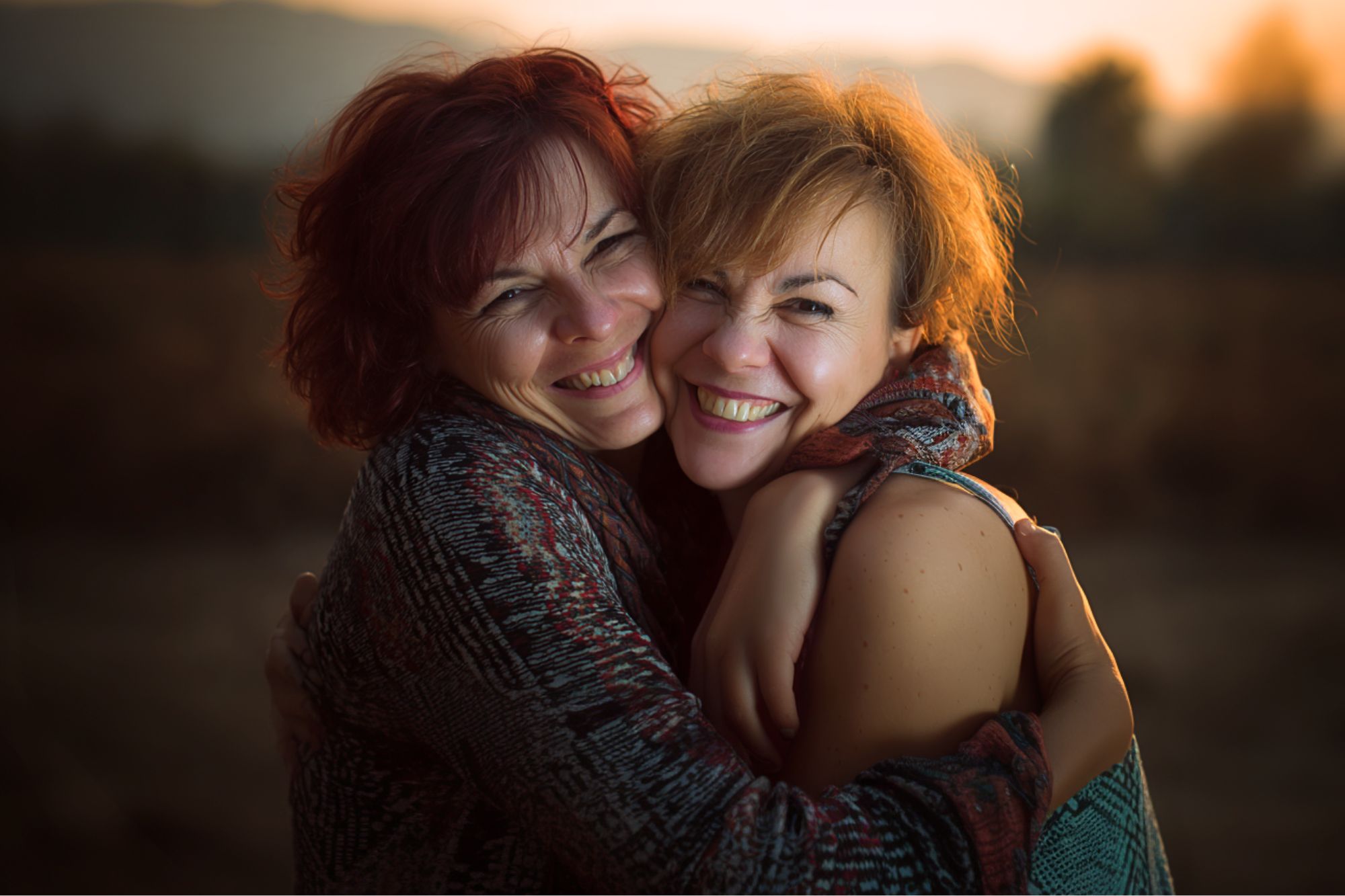 Two women with short, reddish hair smile joyfully as they hug each other outdoors during sunset, both wearing patterned sweaters, with a blurred natural landscape in the background.