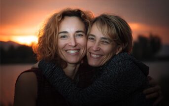 Two women smile warmly and embrace each other outdoors at sunset, with a glowing sky and blurred trees and water in the background.