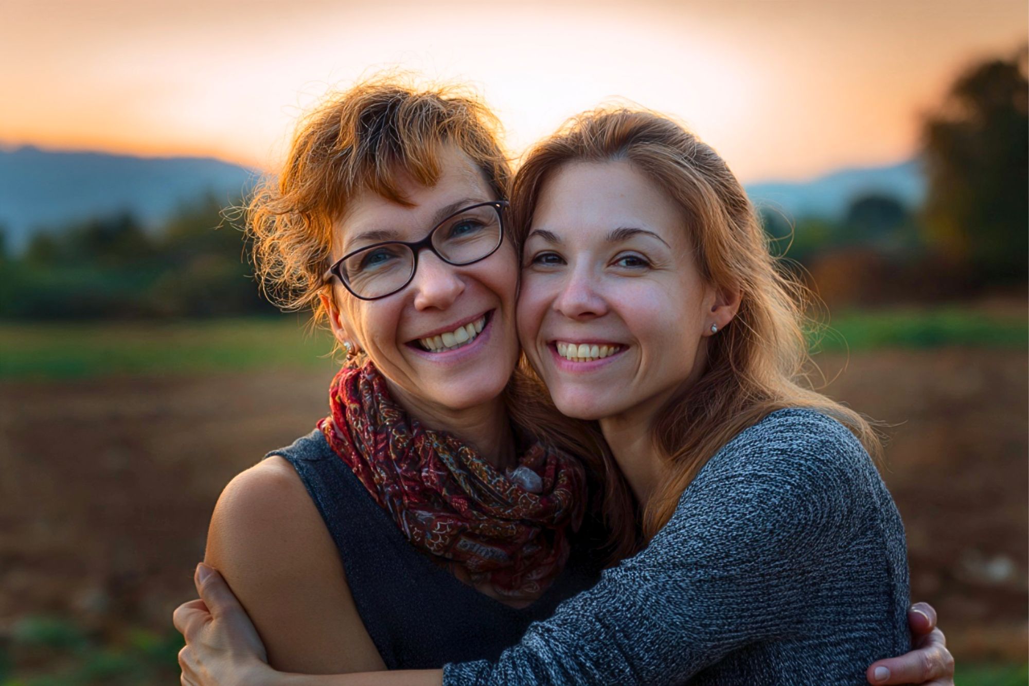 Two women smiling and hugging outdoors at sunset, with a blurred landscape and mountains in the background.