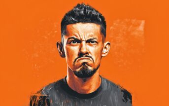 A digital painting of a man with short dark hair and a goatee, wearing a dark shirt, scowling with furrowed brows and pursed lips against a bright orange background.