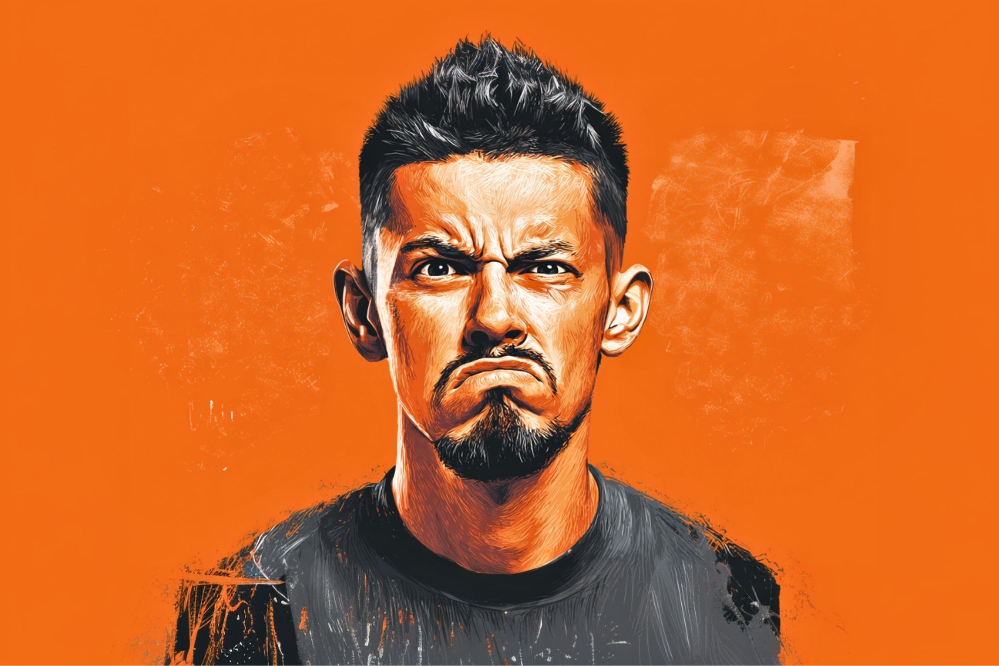 A digital painting of a man with short dark hair and a goatee, wearing a dark shirt, scowling with furrowed brows and pursed lips against a bright orange background.