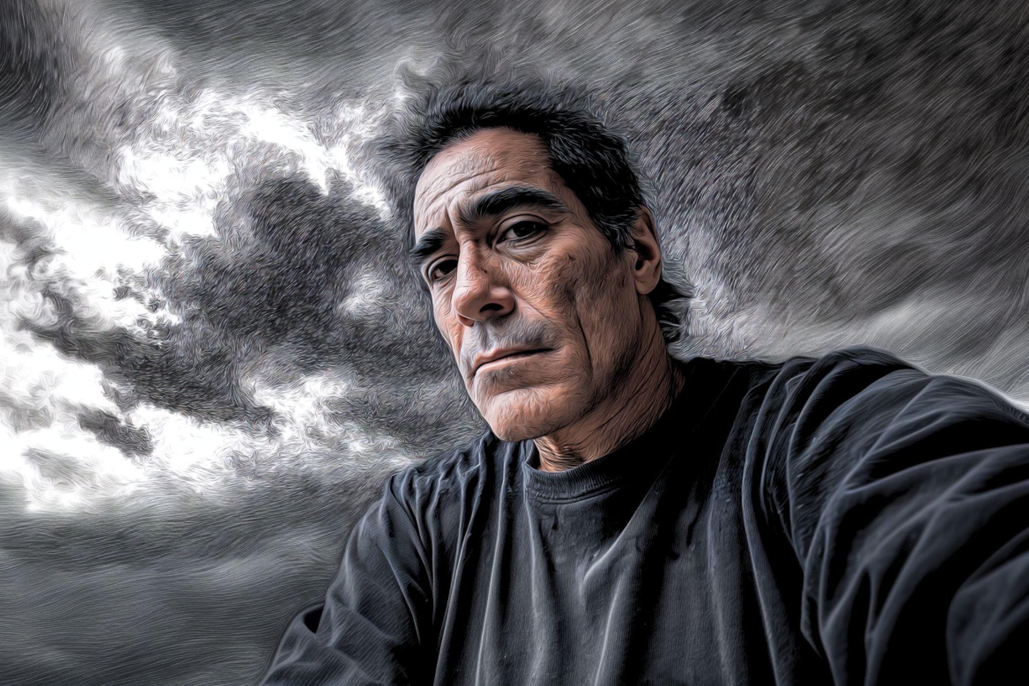 A man with dark hair and a serious expression poses in front of a cloudy, dramatic sky. The image has an artistic, painted effect with textured lines and swirling patterns. He wears a dark shirt.