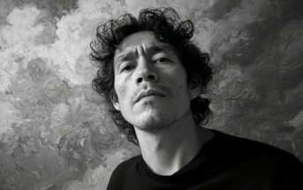 Black and white portrait of a man with curly hair and a goatee, wearing a dark shirt, looking confidently at the camera with a textured, cloud-like background behind him.