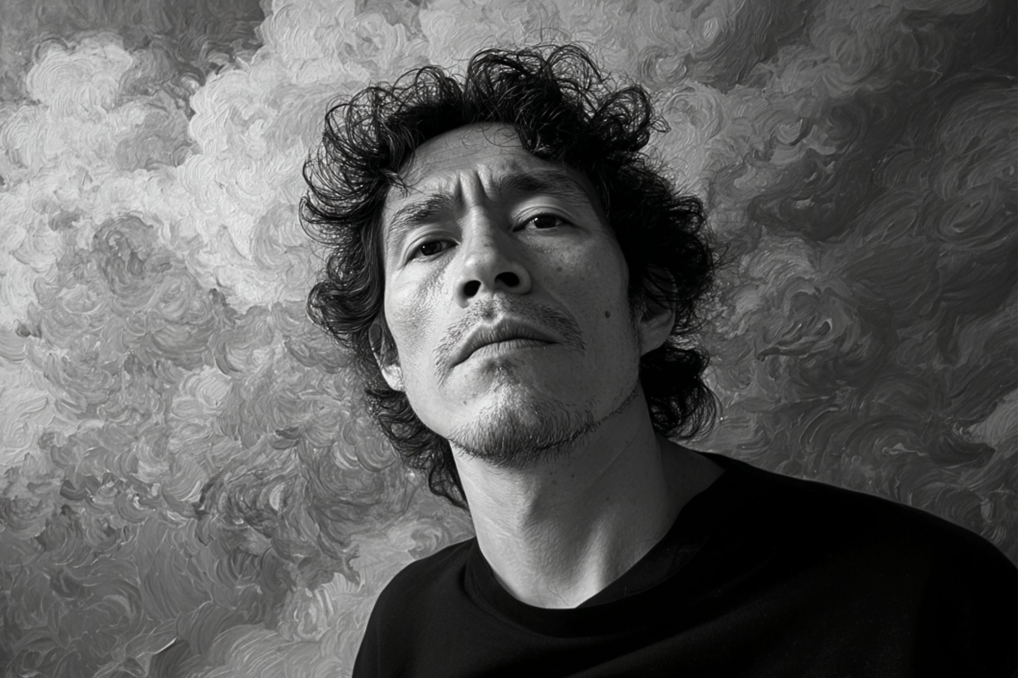 Black and white portrait of a man with curly hair and a goatee, wearing a dark shirt, looking confidently at the camera with a textured, cloud-like background behind him.