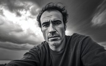 A middle-aged man with tousled hair and a serious expression looks into the camera, with dramatic, swirling dark clouds filling the sky behind him. The image is in black and white.