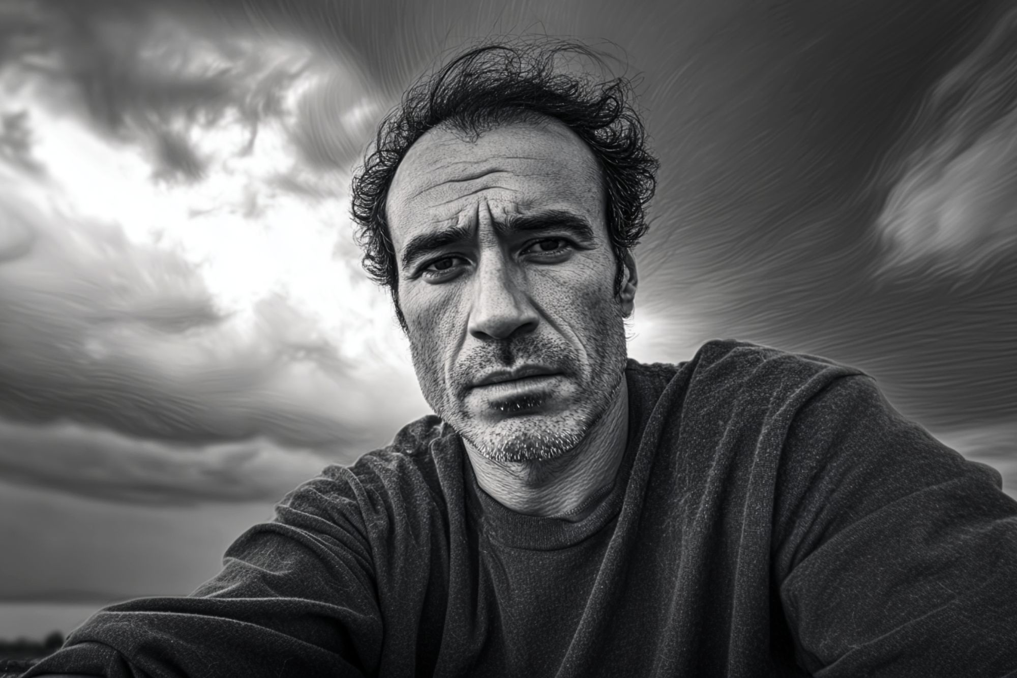 A middle-aged man with tousled hair and a serious expression looks into the camera, with dramatic, swirling dark clouds filling the sky behind him. The image is in black and white.