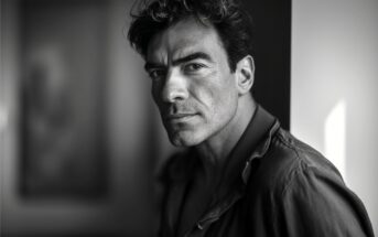 A man with curly hair and a serious expression stands in soft, natural light, wearing an open-collared shirt. The image is black and white, with a blurred background and strong shadow on his face.