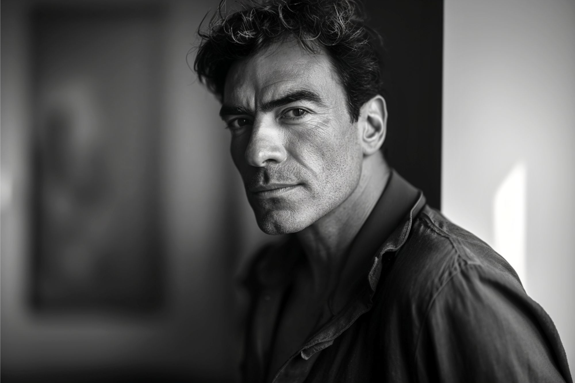 A man with curly hair and a serious expression stands in soft, natural light, wearing an open-collared shirt. The image is black and white, with a blurred background and strong shadow on his face.