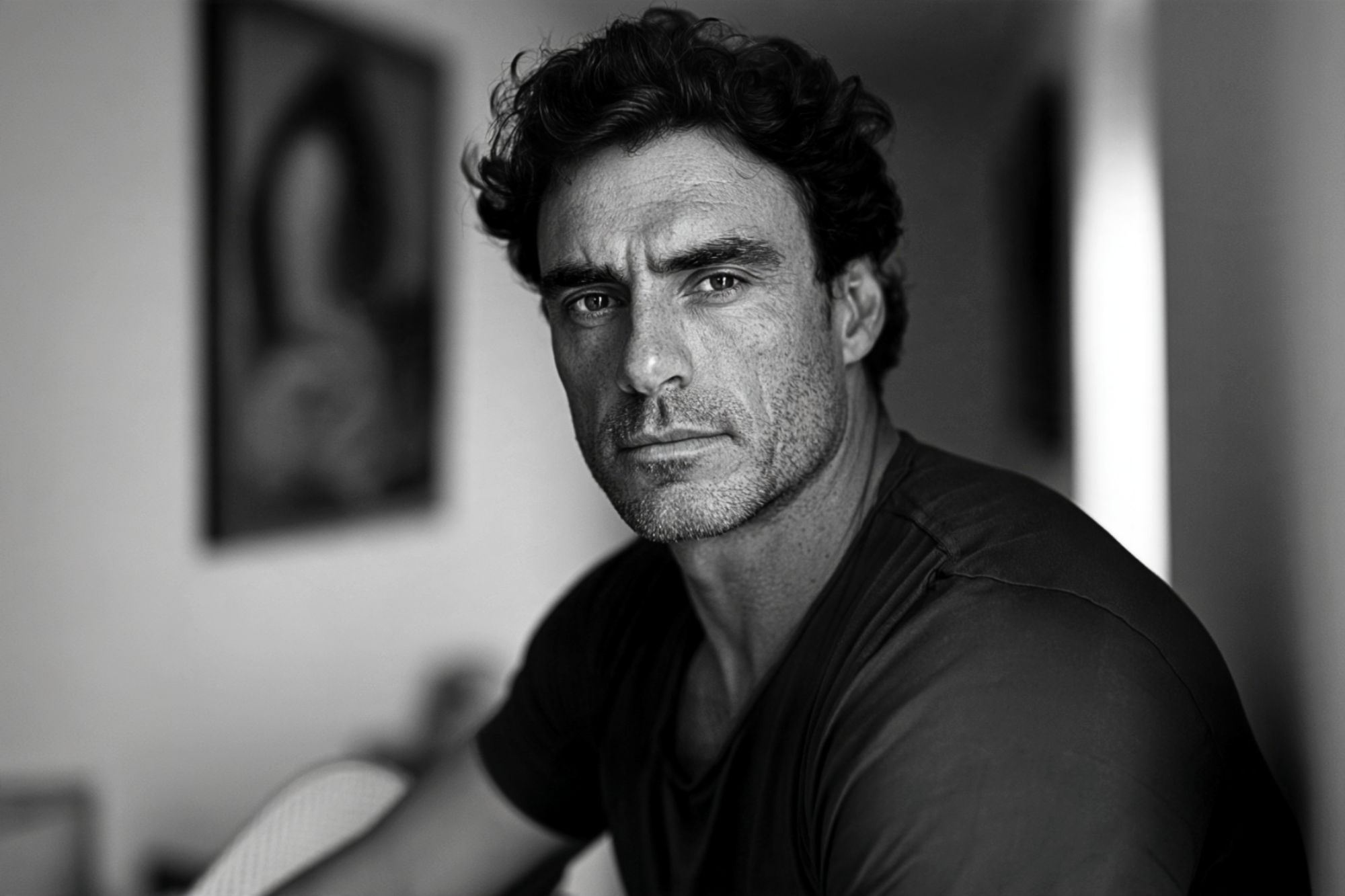Black and white portrait of a man looking directly at the camera.