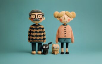 Two stylized clay figures, an older man with glasses and a mustache, and a girl with blonde pigtails, stand side by side with a black cat and a tan cat against a teal background. The girl looks sad; the man appears neutral.