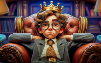 A cartoon boy with curly hair, large glasses, and a gold crown sits in a leather armchair, wearing a suit and striped tie, with a confident, relaxed pose in a library setting.