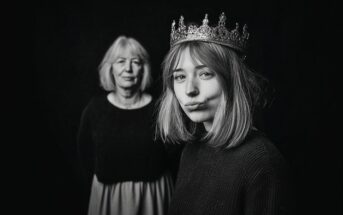 A young woman wearing a crown stands in the foreground making a playful expression, while an older woman stands behind her, both against a dark background. The photo is in black and white.