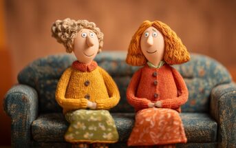 Two claymation-style women with curly hair, wearing colorful sweaters and patterned skirts, sit side by side on a blue patterned couch, smiling warmly in a cozy, softly lit setting.
