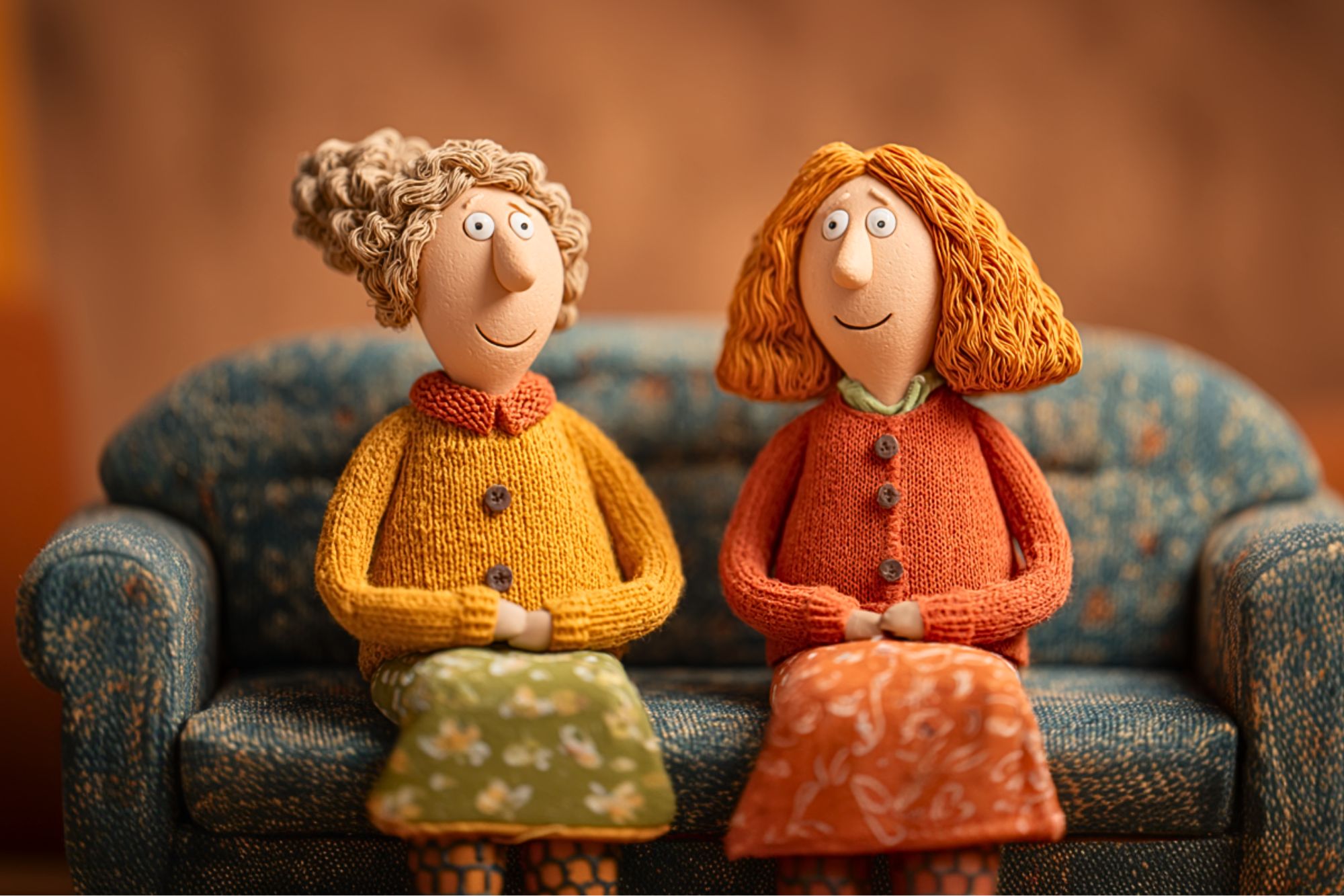 Two claymation-style women with curly hair, wearing colorful sweaters and patterned skirts, sit side by side on a blue patterned couch, smiling warmly in a cozy, softly lit setting.