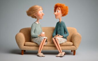 Two animated women with light skin and short hair sit on a beige couch, facing each other and smiling. Both wear sweaters and floral skirts; one holds a mug. The background is plain gray.