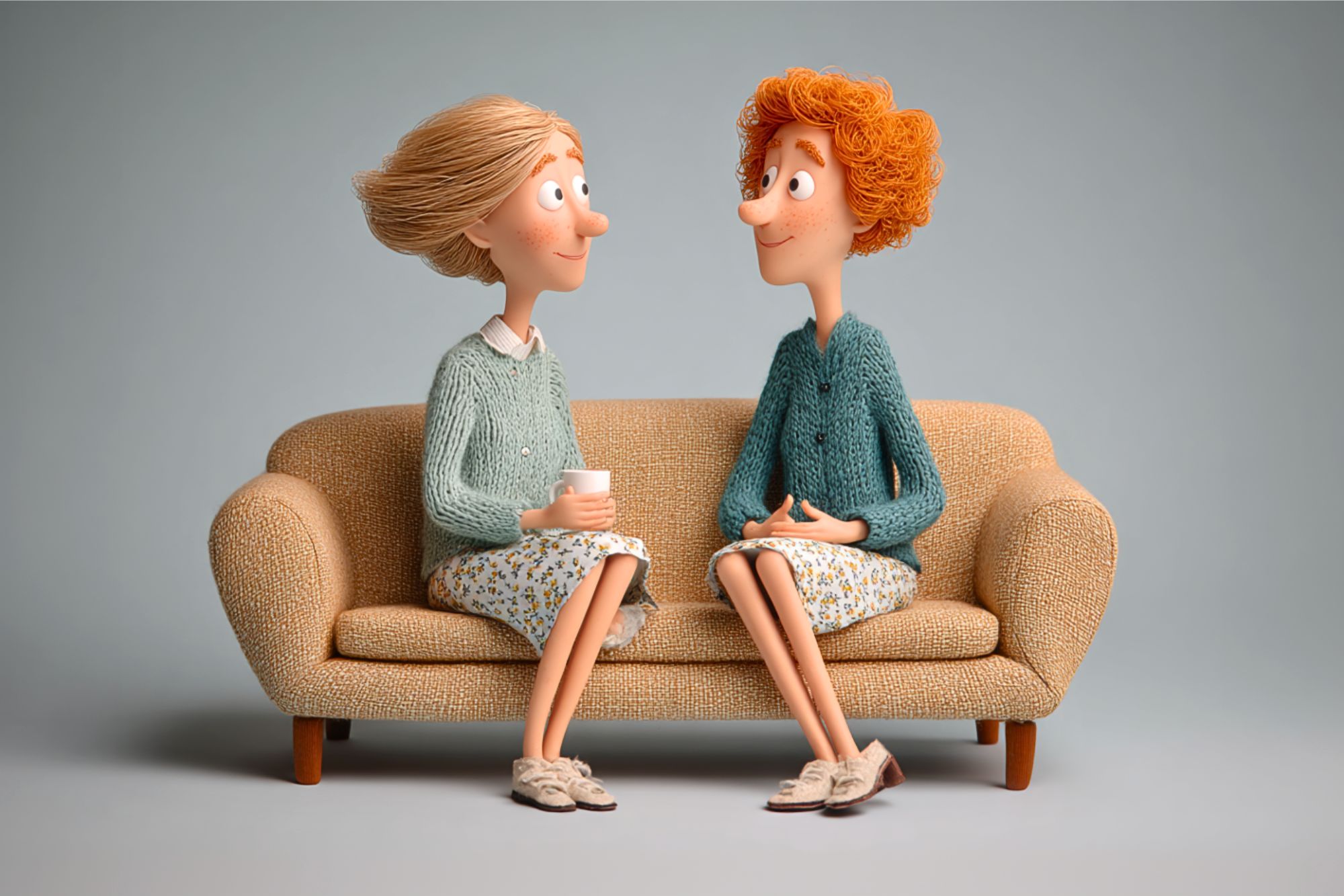 Two animated women with light skin and short hair sit on a beige couch, facing each other and smiling. Both wear sweaters and floral skirts; one holds a mug. The background is plain gray.