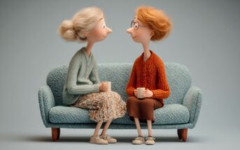 Two animated elderly women sit on a blue couch, smiling at each other while holding mugs. One has gray hair in a bun, the other has short, light brown hair and glasses.