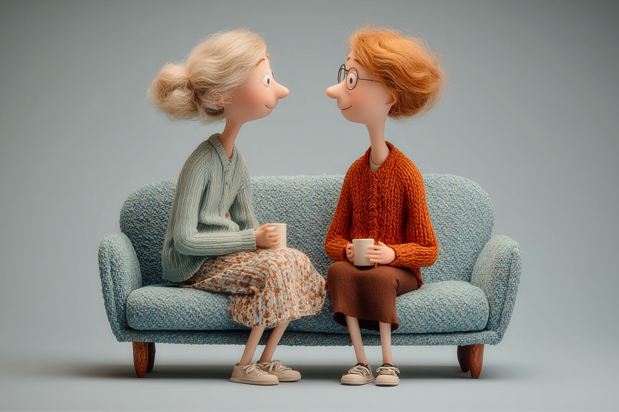 Two animated elderly women sit on a blue couch, smiling at each other while holding mugs. One has gray hair in a bun, the other has short, light brown hair and glasses.