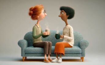 Two stylized characters sit on a sofa facing each other, each holding a steaming mug.