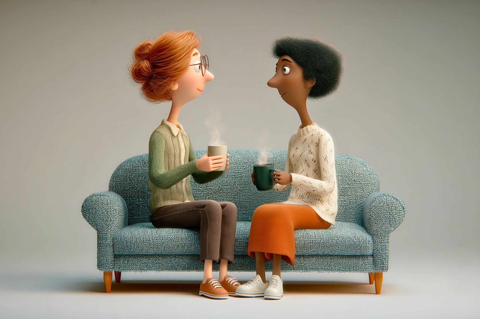 Two stylized characters sit on a sofa facing each other, each holding a steaming mug.