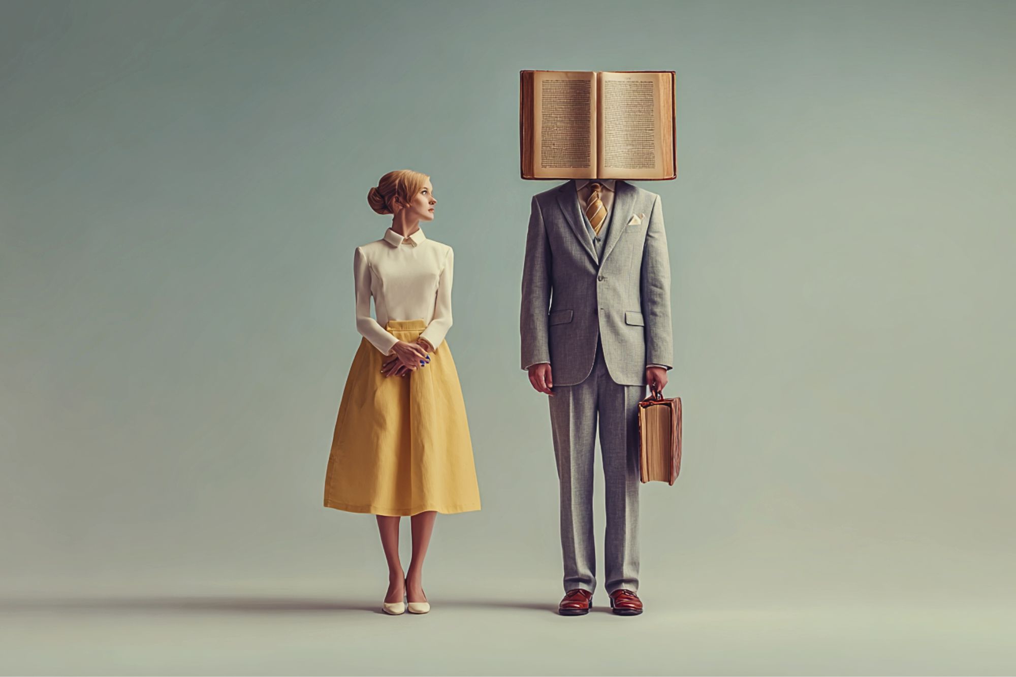 A woman in a yellow skirt stands next to a man in a suit holding a briefcase. The man’s head is replaced by an open book. Both stand against a plain background, and the woman looks at the man.