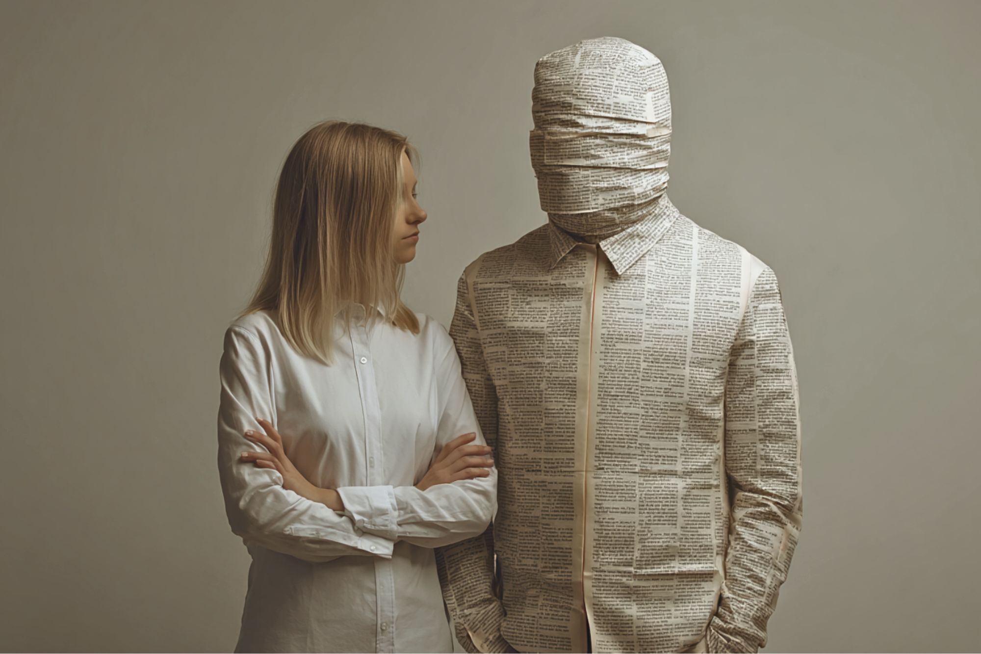 A woman in a white shirt stands beside a person wrapped in newspaper from head to toe, including their face, with only their hands exposed. Both face forward, the woman looking at the person in newspaper.
