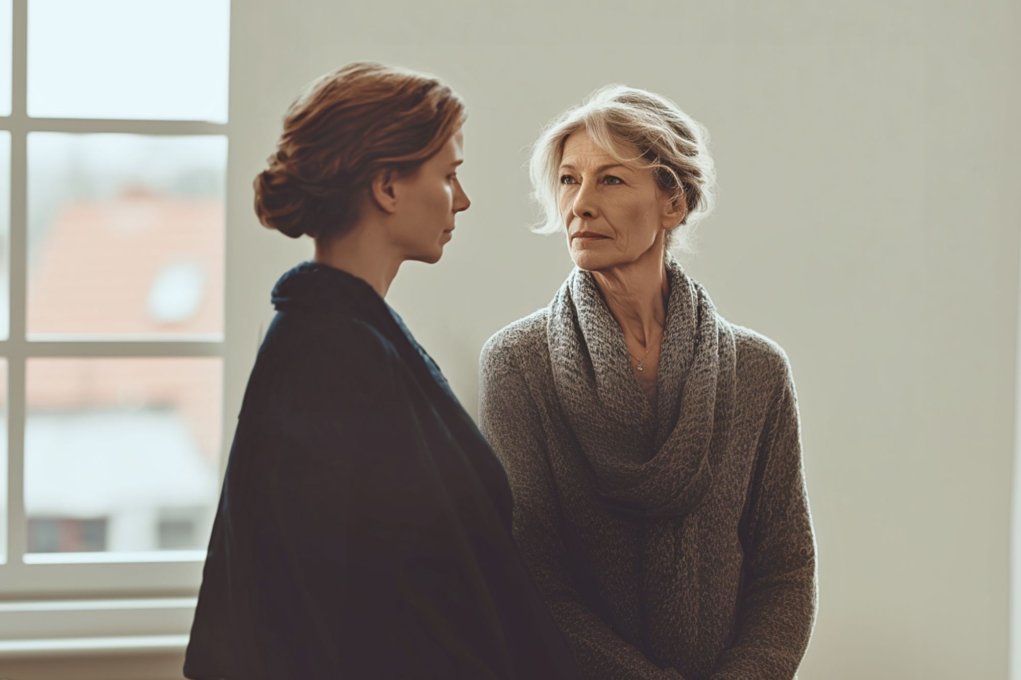 An older woman and a younger woman stand indoors, facing each other near a large window. The older woman looks serious, while the younger woman appears contemplative. Both wear neutral-colored clothing.