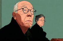 An illustration of an elderly man and woman with serious expressions, both wearing glasses and dark clothing, sitting indoors against a plain green background.