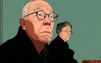 An illustration of an elderly man and woman with serious expressions, both wearing glasses and dark clothing, sitting indoors against a plain green background.