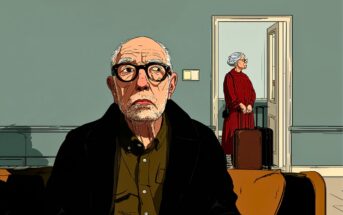 An elderly man with glasses sits on a couch looking ahead, while an elderly woman in a red dress stands by a doorway holding a suitcase, appearing as if she is about to leave. The room has muted blue-green walls.