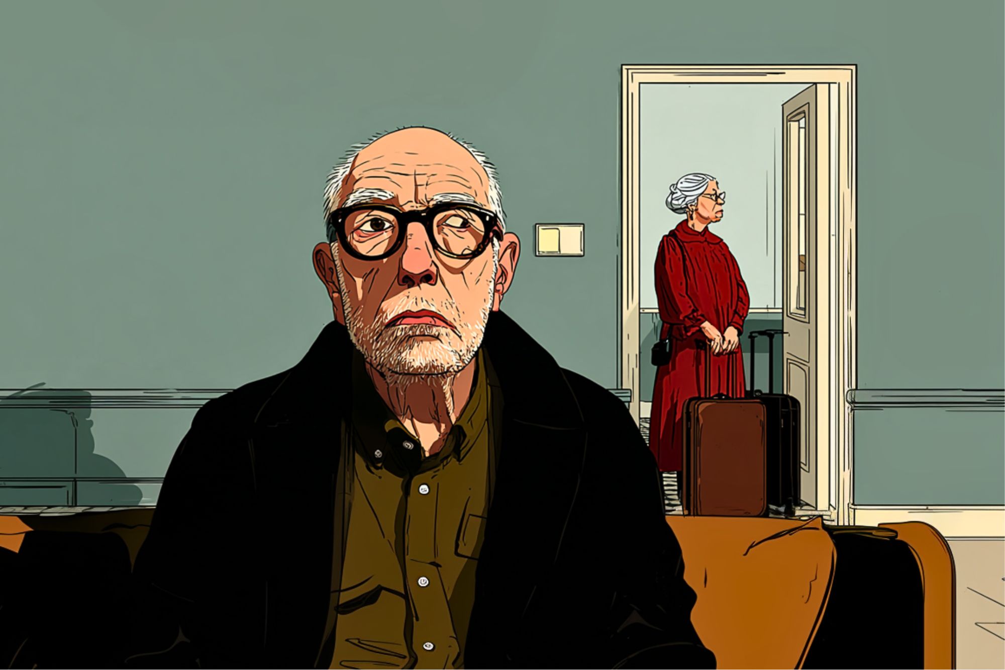 An elderly man with glasses sits on a couch looking ahead, while an elderly woman in a red dress stands by a doorway holding a suitcase, appearing as if she is about to leave. The room has muted blue-green walls.