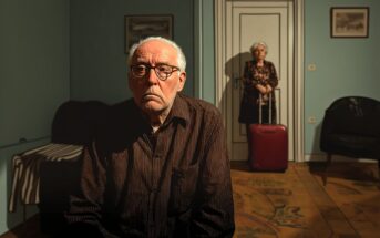 An elderly man sits looking sad in a dimly lit room, while an elderly woman stands in the background holding the handle of a red suitcase near a closed door, suggesting she may be leaving.