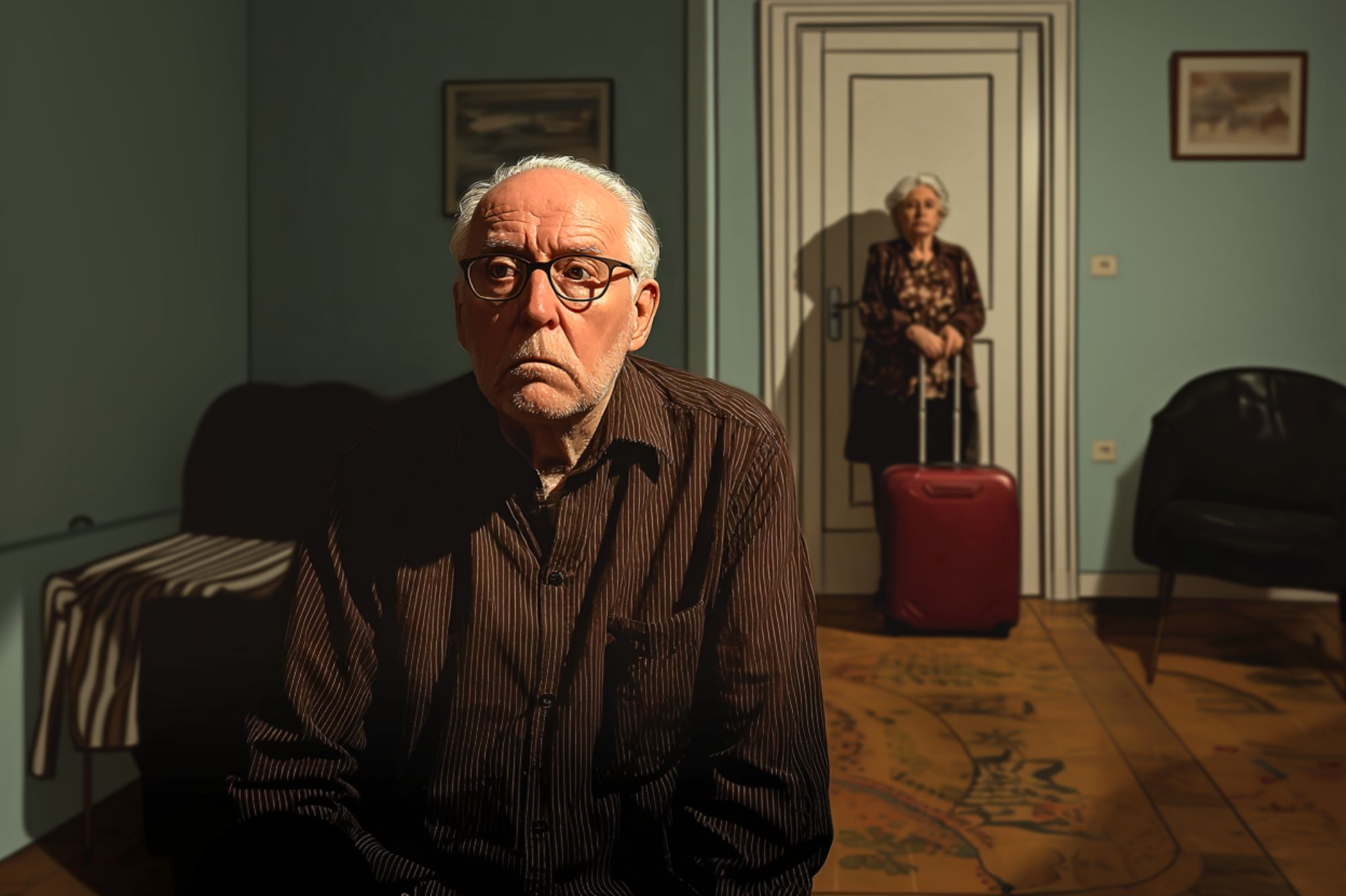 An elderly man sits looking sad in a dimly lit room, while an elderly woman stands in the background holding the handle of a red suitcase near a closed door, suggesting she may be leaving.