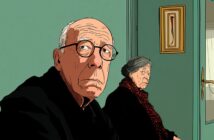 An illustration of an elderly man with glasses and an elderly woman sitting indoors against a green wall, both with serious expressions. A framed picture and a door are visible in the background.