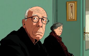 An illustration of an elderly man with glasses and an elderly woman sitting indoors against a green wall, both with serious expressions. A framed picture and a door are visible in the background.