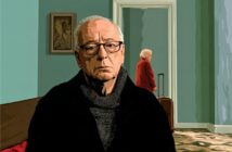 An older man in glasses sits solemnly in the foreground, while an older woman in a red coat stands in the background holding a suitcase, about to leave a room with teal walls.