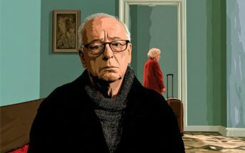 An older man in glasses sits solemnly in the foreground, while an older woman in a red coat stands in the background holding a suitcase, about to leave a room with teal walls.