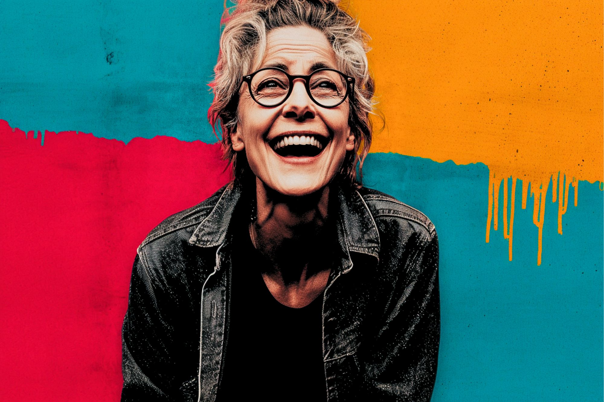 A smiling older person with glasses and short gray hair wears a denim jacket in front of a colorful painted background with red, teal, and yellow sections.