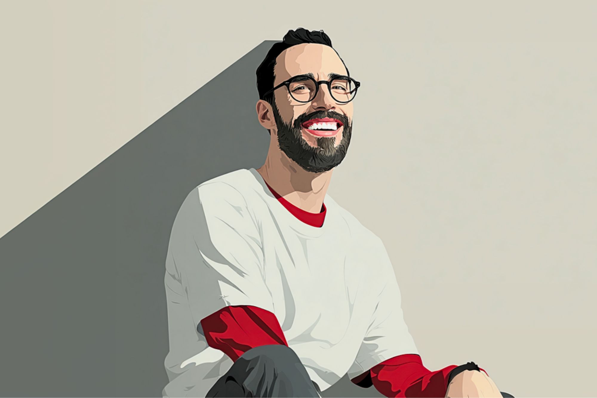 A smiling man with a beard and glasses, wearing a white T-shirt over a red long-sleeve shirt, sits against a pale background with a shadow cast behind him. The image has a digital, illustrated style.