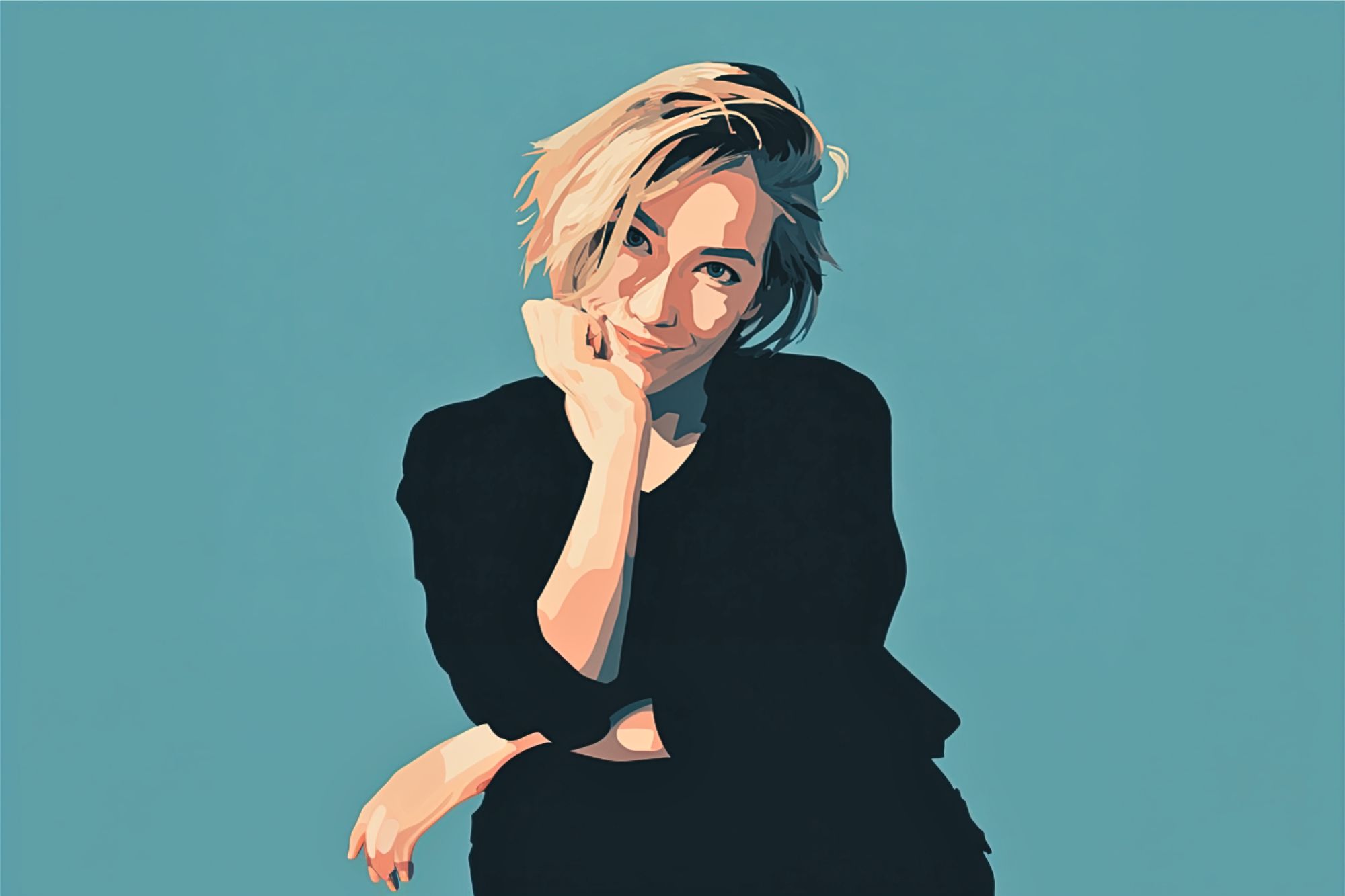 A stylized digital illustration of a person with short, tousled blonde hair, wearing a black top, sitting and resting their chin on their hand against a solid teal background.
