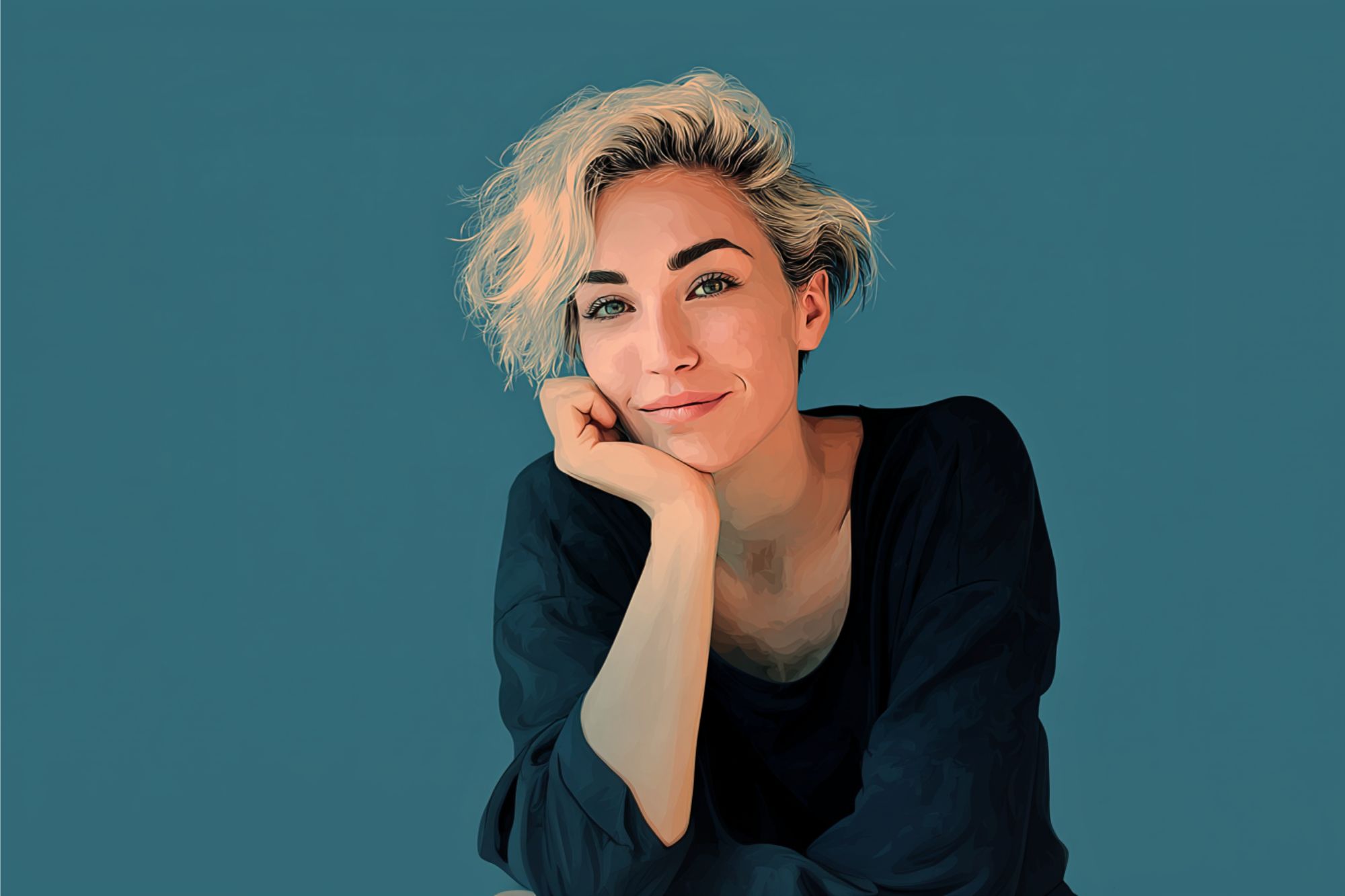 Digital illustration of a person with short, wavy blonde hair, wearing a dark top, resting their chin on their hand, and smiling slightly against a solid teal background.