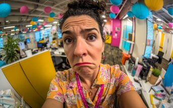 A woman with curly hair and a floral shirt makes an exaggerated, confused face in a colorful, open office decorated with hanging paper lanterns. The photo is taken with a fisheye lens, distorting the scene.