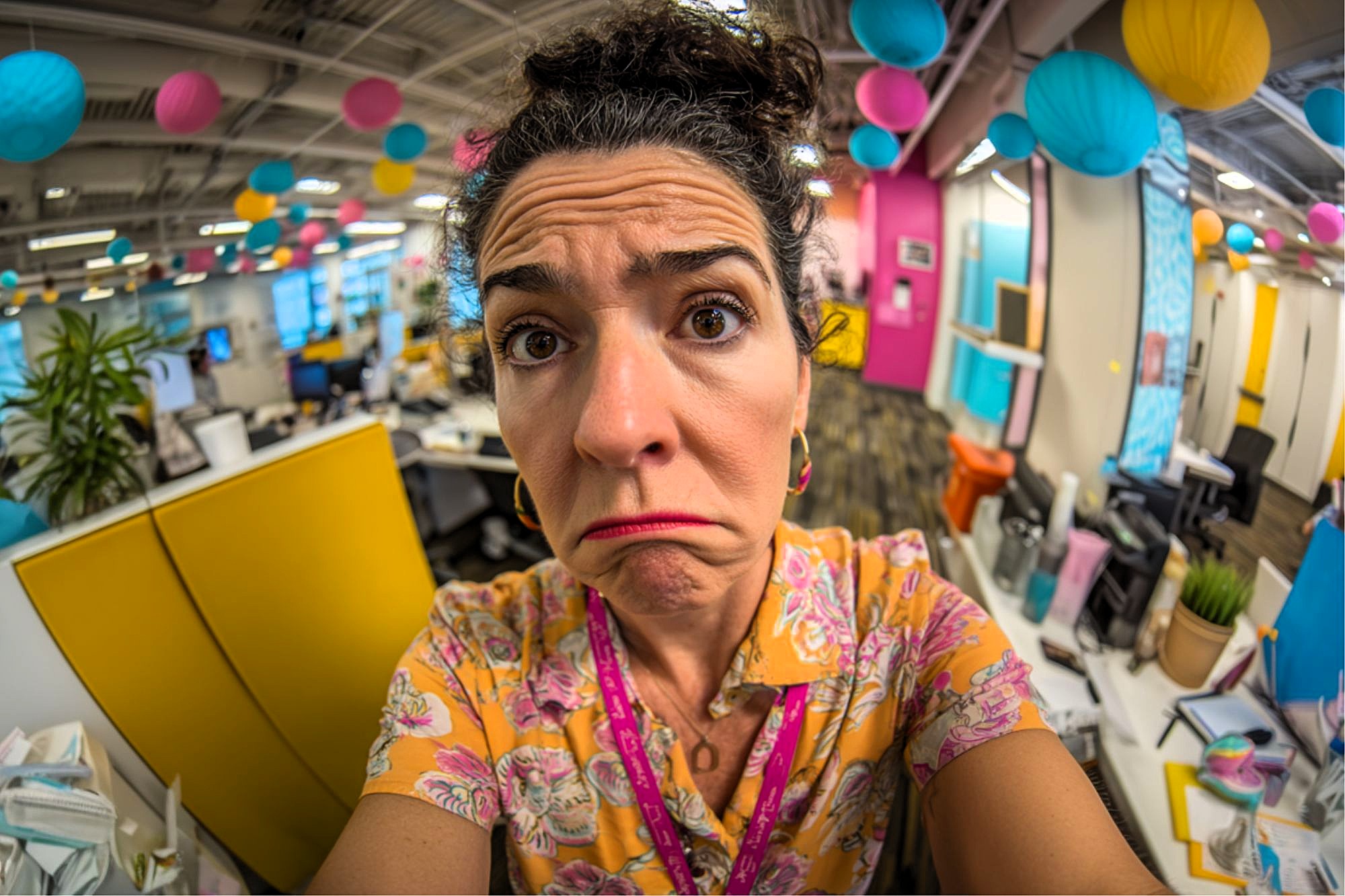 A woman with curly hair and a floral shirt makes an exaggerated, confused face in a colorful, open office decorated with hanging paper lanterns. The photo is taken with a fisheye lens, distorting the scene.