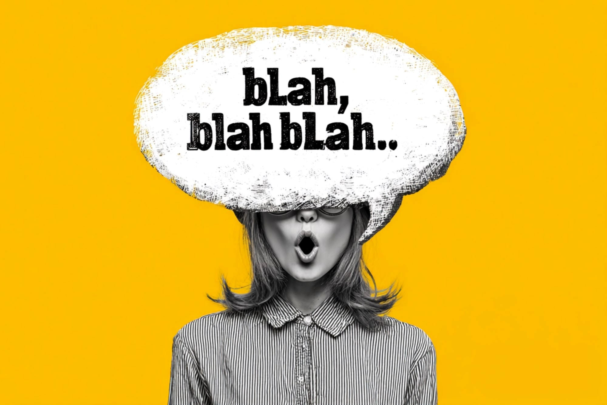 A black-and-white woman with an open mouth is overlaid by a large white speech bubble saying “blah, blah blah..” on a bright yellow background. Her eyes and forehead are obscured by the speech bubble.