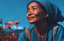 A woman in a blue headscarf and shirt smiles while sitting in a field of orange poppies, with sunlight illuminating her face against a clear blue sky.