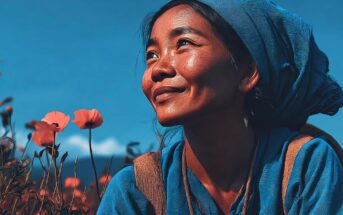 A woman in a blue headscarf and shirt smiles while sitting in a field of orange poppies, with sunlight illuminating her face against a clear blue sky.