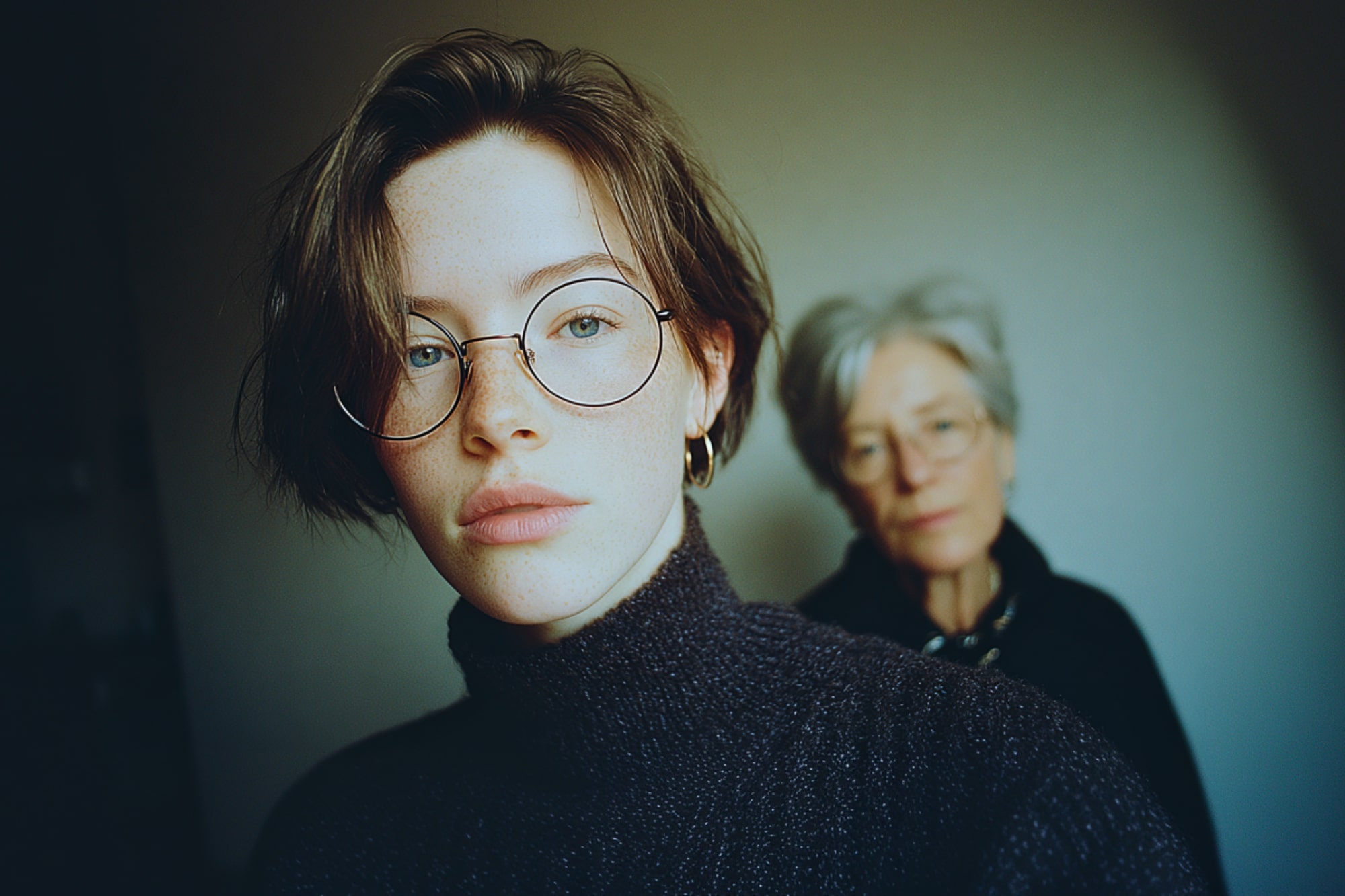 A young person with short hair and round glasses takes a selfie, wearing a dark sweater, while an older person with gray hair and glasses stands blurred in the background.